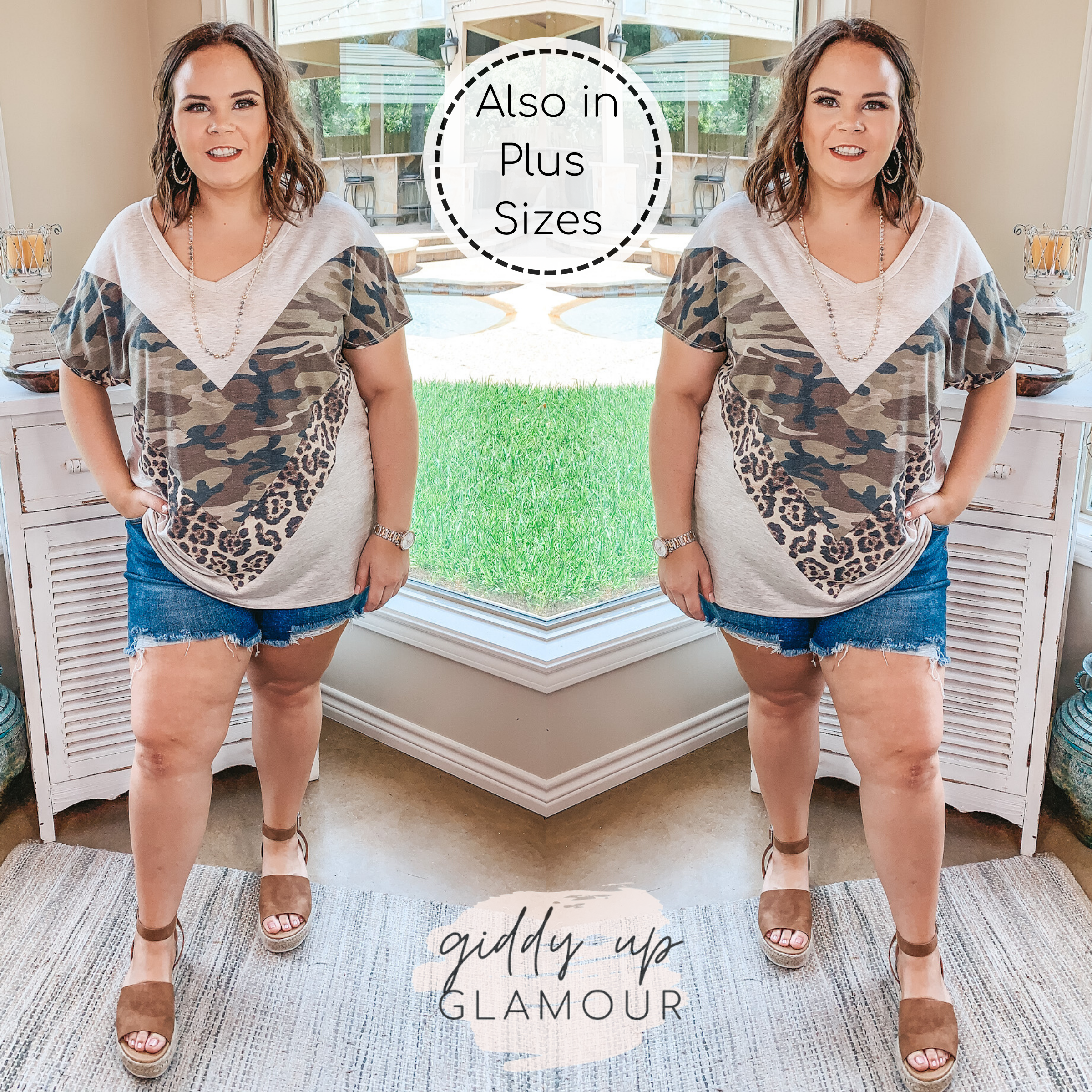 Last Chance Size Small | Be the Best V Neck Top with Camouflage and Leopard Accents in Beige