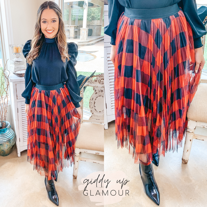 Seasonal Wishes Buffalo Plaid Pleated Tulle Maxi Skirt in Red and Black