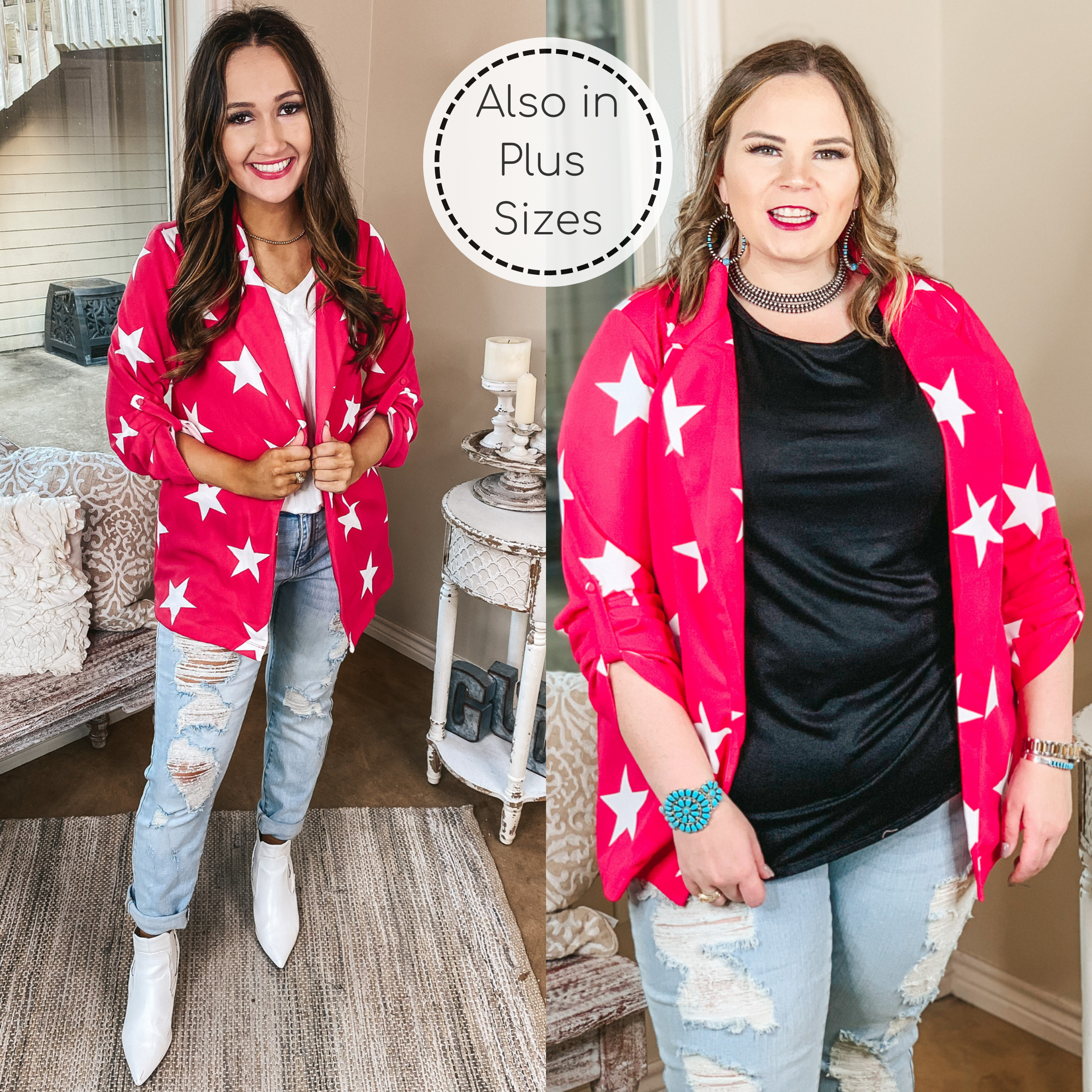 Last Chance Size Small | Out Of Office Star Print Open Front Blazer with Long Sleeves in Hot Pink - Giddy Up Glamour Boutique