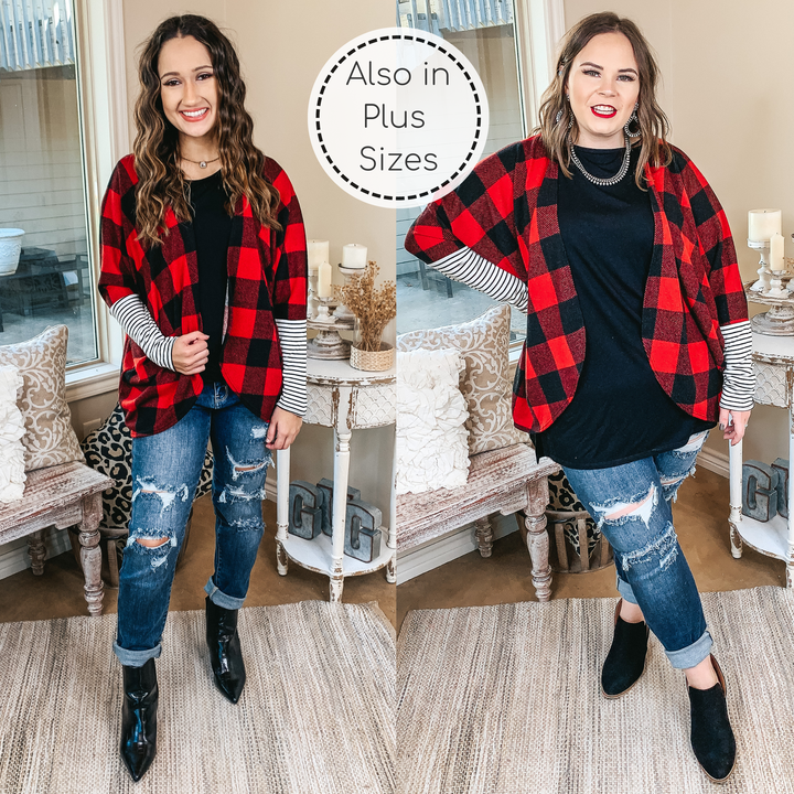 Lining Up Long Sleeve Dolman Cardigan with Striped Sleeves in Buffalo Plaid - Giddy Up Glamour Boutique