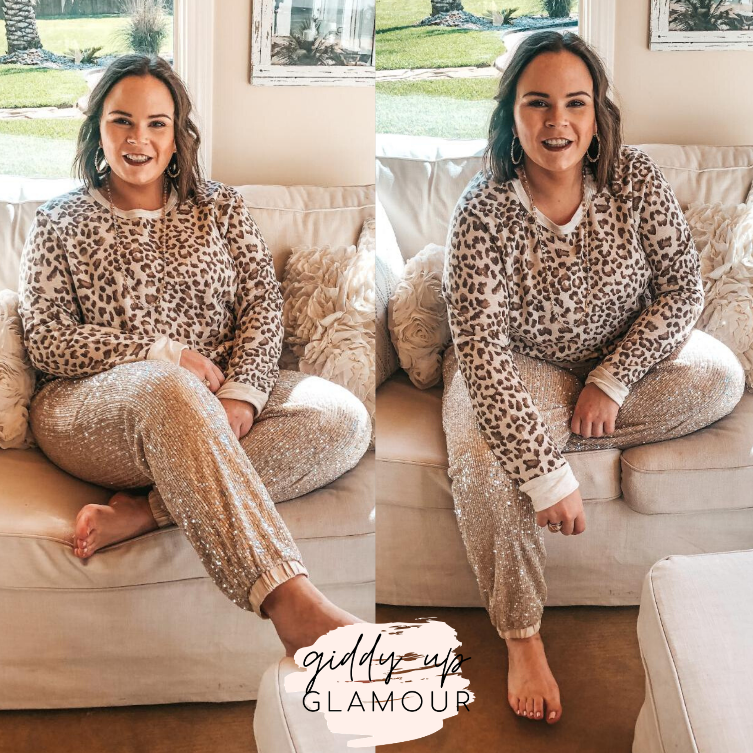 New Comfort Zone Sequin Joggers in Champagne - Giddy Up Glamour Boutique
