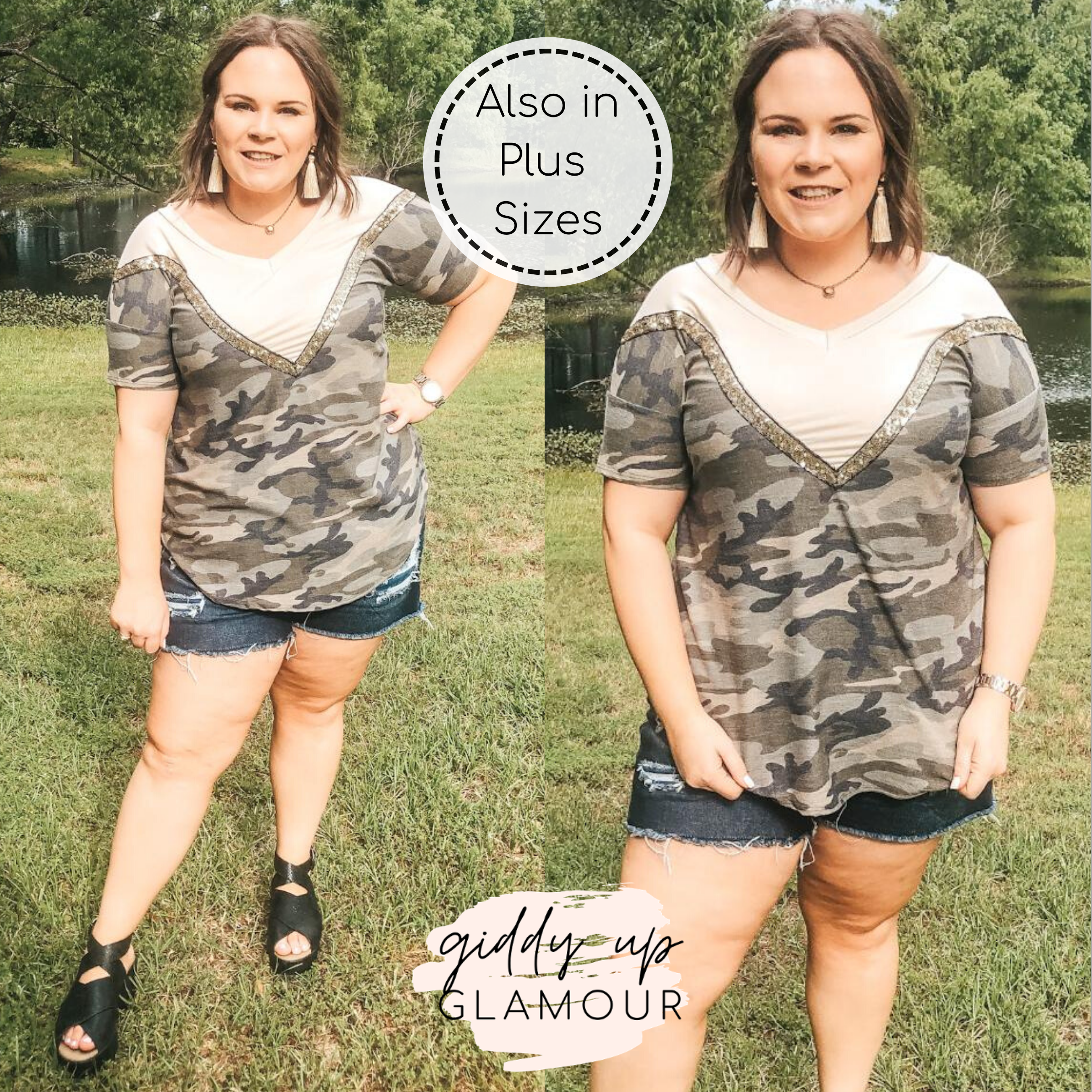 Keeping The Vibe V Neck Tee with Sequin Detailing in Camouflage and Ivory - Giddy Up Glamour Boutique