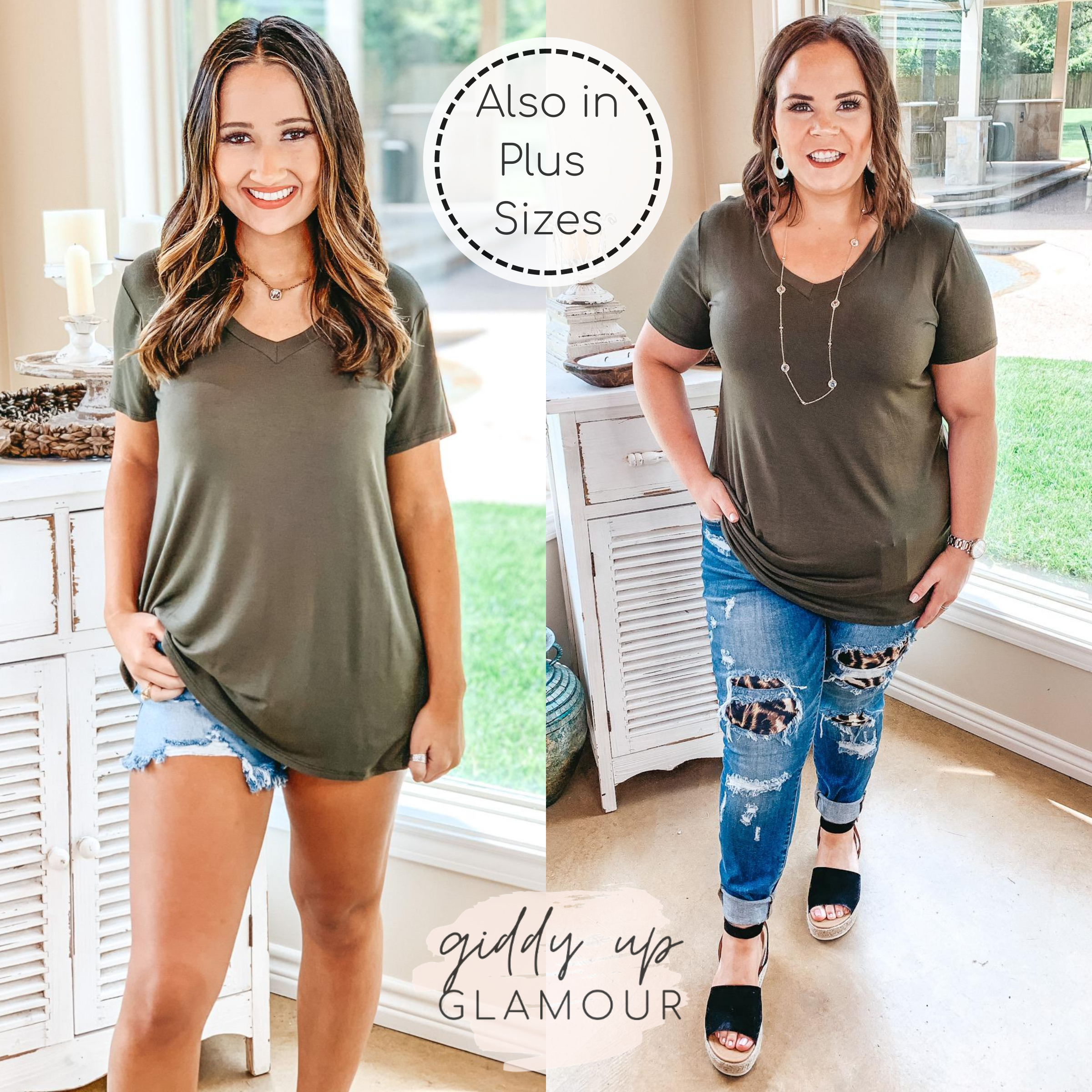 It's That Simple Solid V Neck Tee in Olive Green - Giddy Up Glamour Boutique