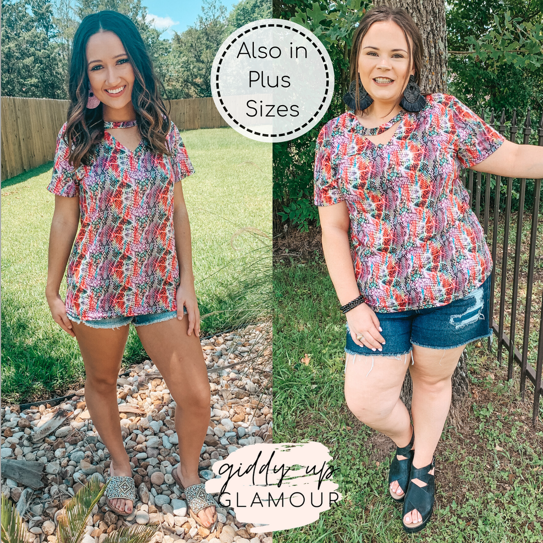She's So Sneaky Snakeskin Top with Keyhole in Magenta Multi - Giddy Up Glamour Boutique