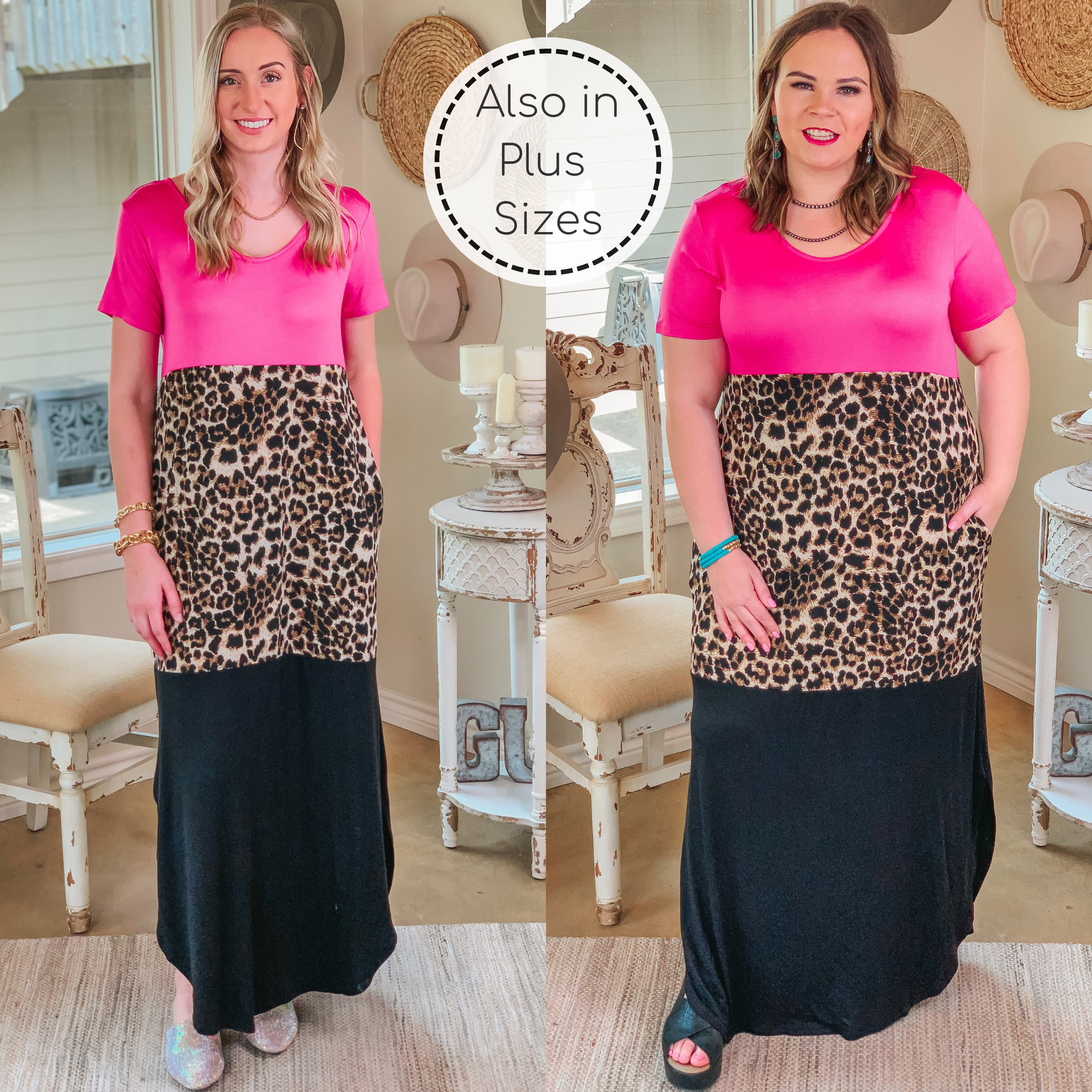 Last Chance Size Small | Change of Plans Leopard Print Color Block Maxi Dress in Hot Pink - Giddy Up Glamour Boutique