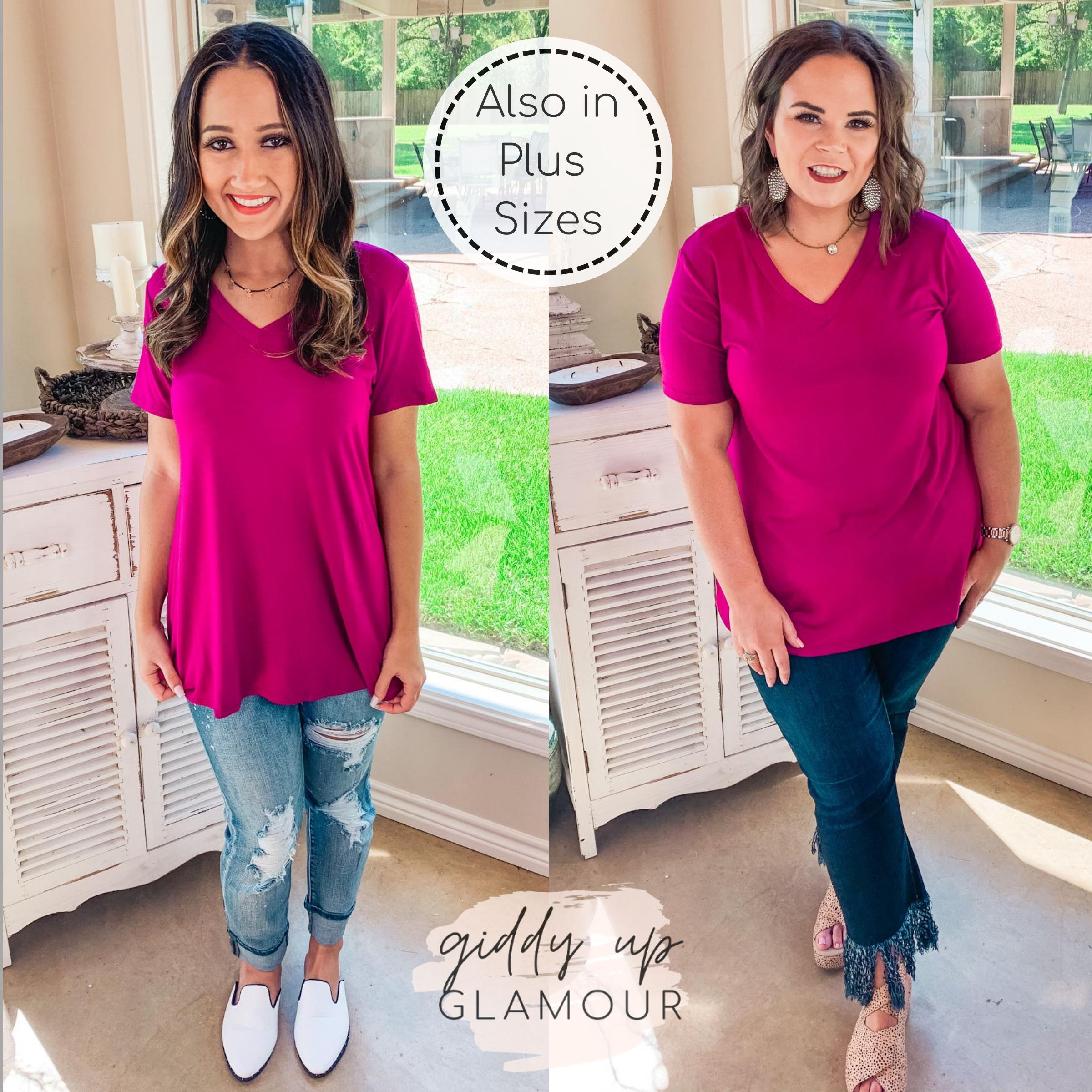 It's That Simple Solid V Neck Tee in Magenta Purple - Giddy Up Glamour Boutique