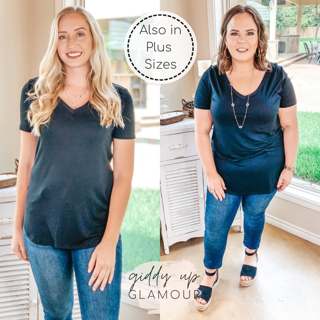 Simply The Best V Neck Short Sleeve Tee Shirt in Black - Giddy Up Glamour Boutique
