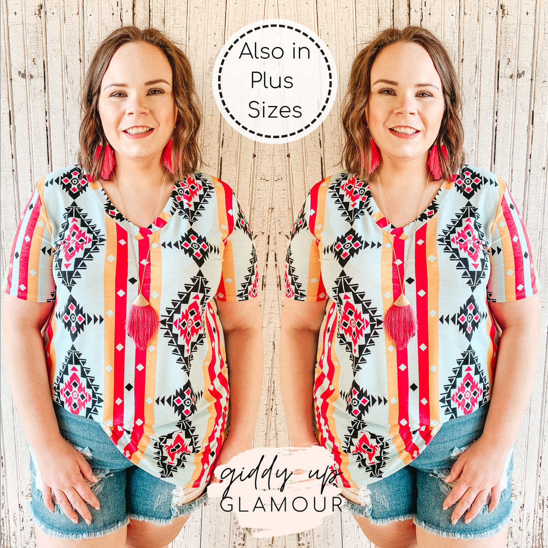 Last Chance Size Small | Keep Things Simple Striped Aztec Print V Neck Tee in Mint and Coral - Giddy Up Glamour Boutique