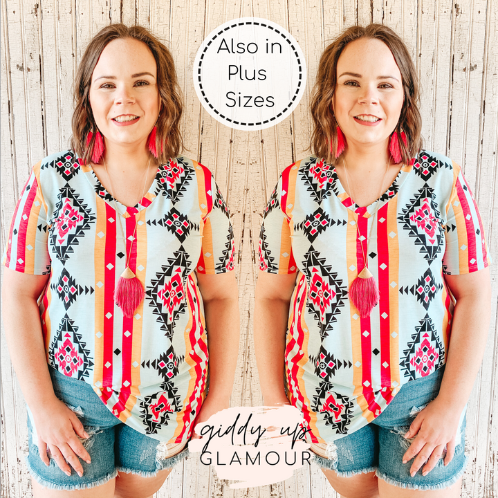 Last Chance Size Small | Keep Things Simple Striped Aztec Print V Neck Tee in Mint and Coral - Giddy Up Glamour Boutique
