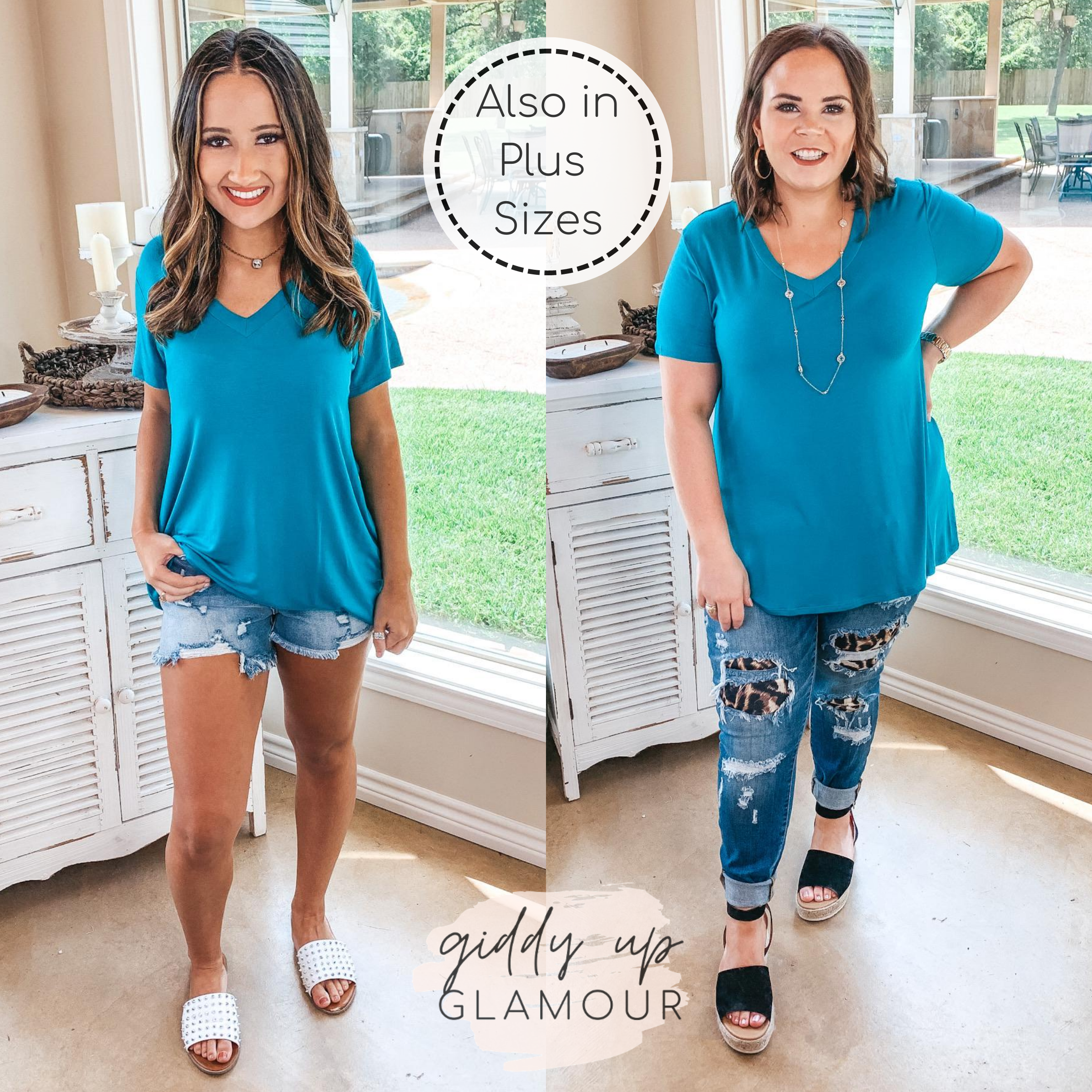 It's That Simple Solid V Neck Tee in Teal Blue