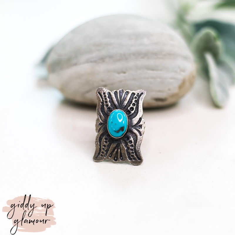 genuine handmade handcrafted sterling silver ring with kingman turquoise ring squash blossom turqouise and co heritage style shawn cayatino caynieto Cayatineto