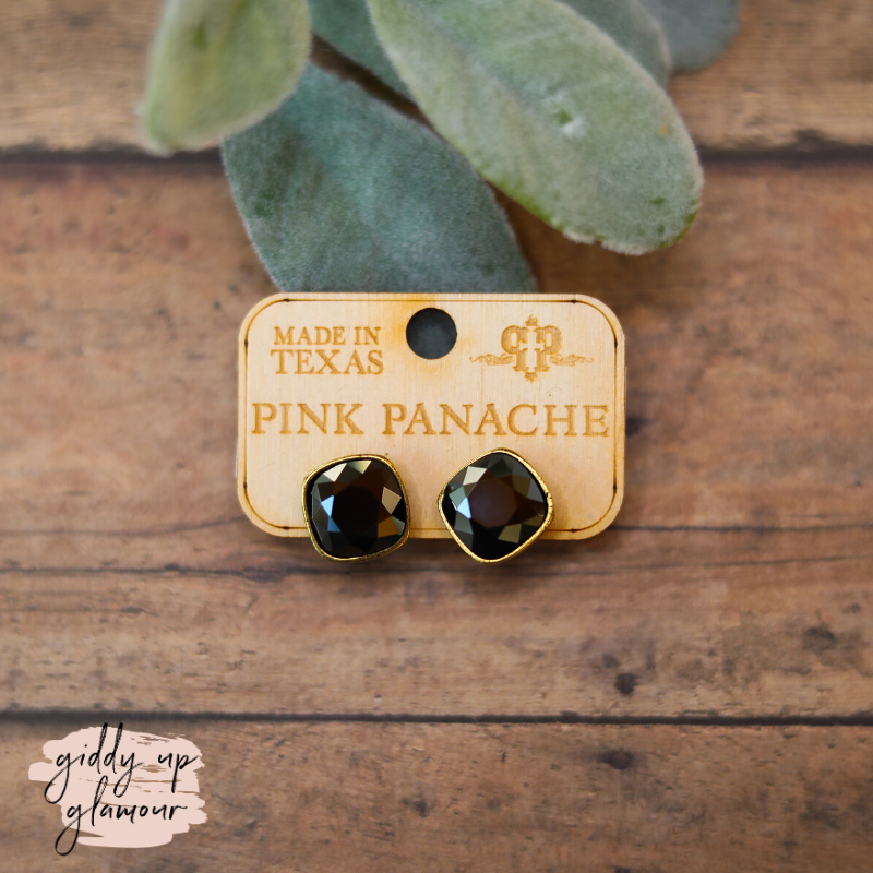 Pink Panache | Bronze Stud Earrings with Cushion Cut Crystals in Black - Giddy Up Glamour Boutique