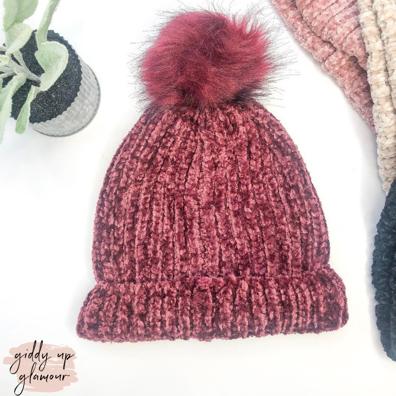 Chenille Pom Pom Beanie in Maroon - Giddy Up Glamour Boutique