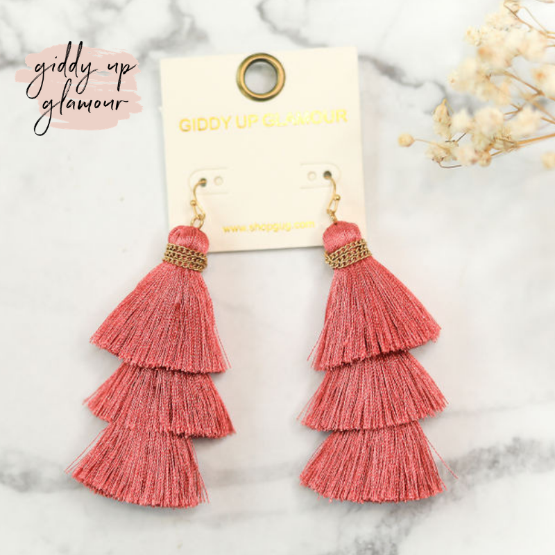 Three Tiered Tassel Earrings in Mauve - Giddy Up Glamour Boutique