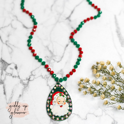 Classic Santa Crystal Beaded Necklace in Green Plaid