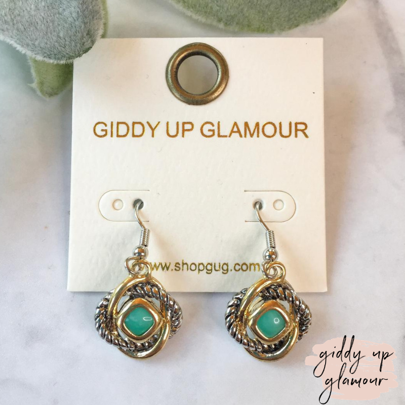 Two Toned Fashion Dangle Earrings with Turquoise Stones - Giddy Up Glamour Boutique