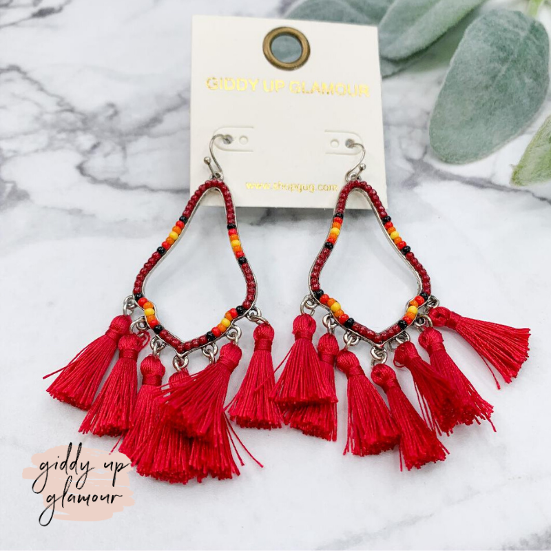 Beaded Aztec Drop Tassel Earrings in Burgundy - Giddy Up Glamour Boutique