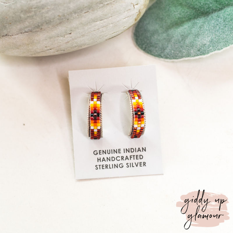 Navajo | Navajo Handmade Small Multi Colored Aztec Beaded Hoop Earrings in Maroon #2 - Giddy Up Glamour Boutique