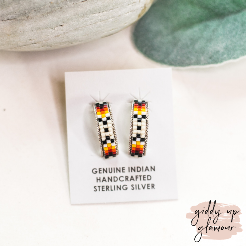 Navajo | Navajo Handmade Small Multi Colored Aztec Beaded Hoop Earrings in Ivory #1 - Giddy Up Glamour Boutique