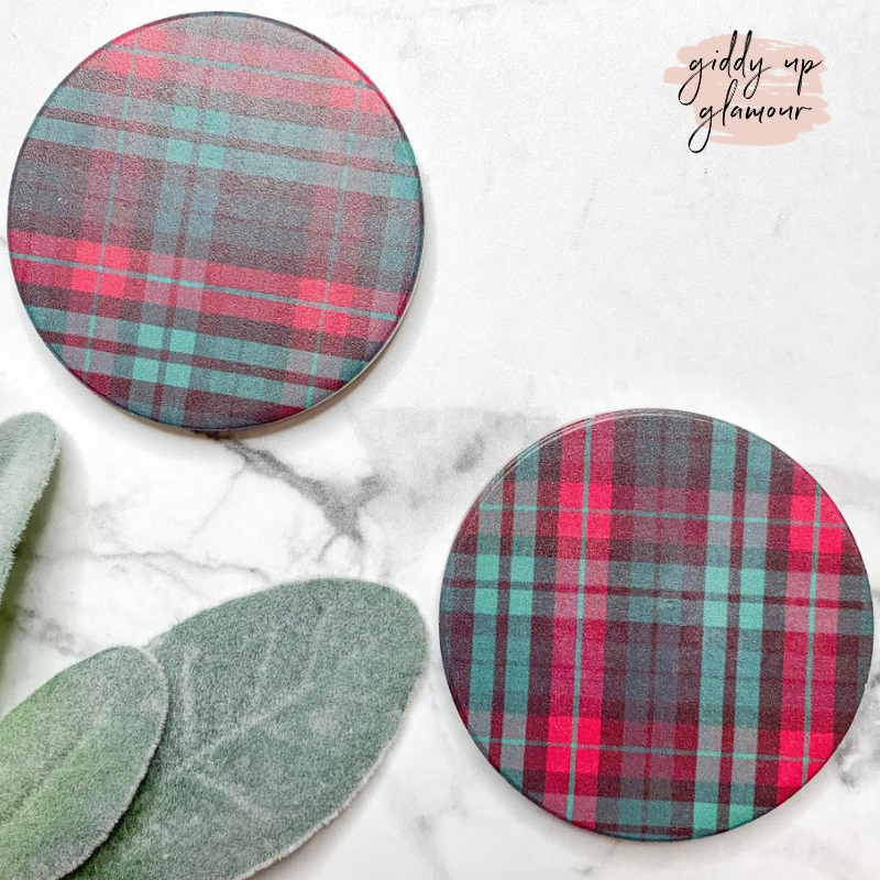 Set of Two | Burgundy Plaid Car Coasters - Giddy Up Glamour Boutique