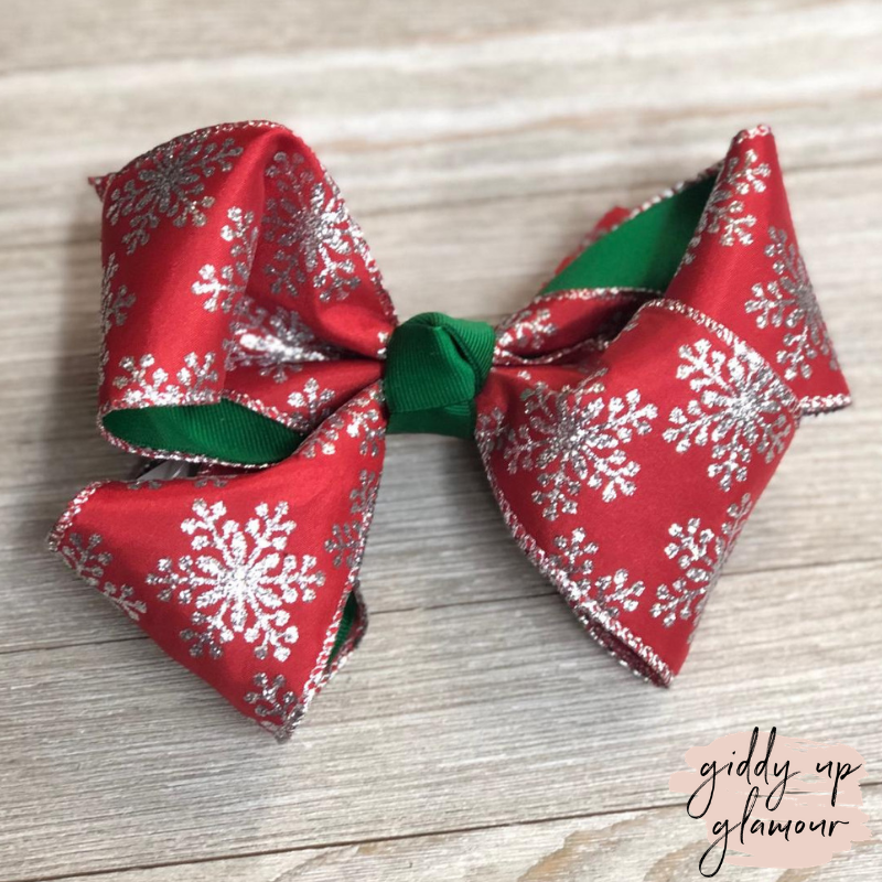 Red Snowflake Hair Bow with Glitter and Green Accents - Giddy Up Glamour Boutique