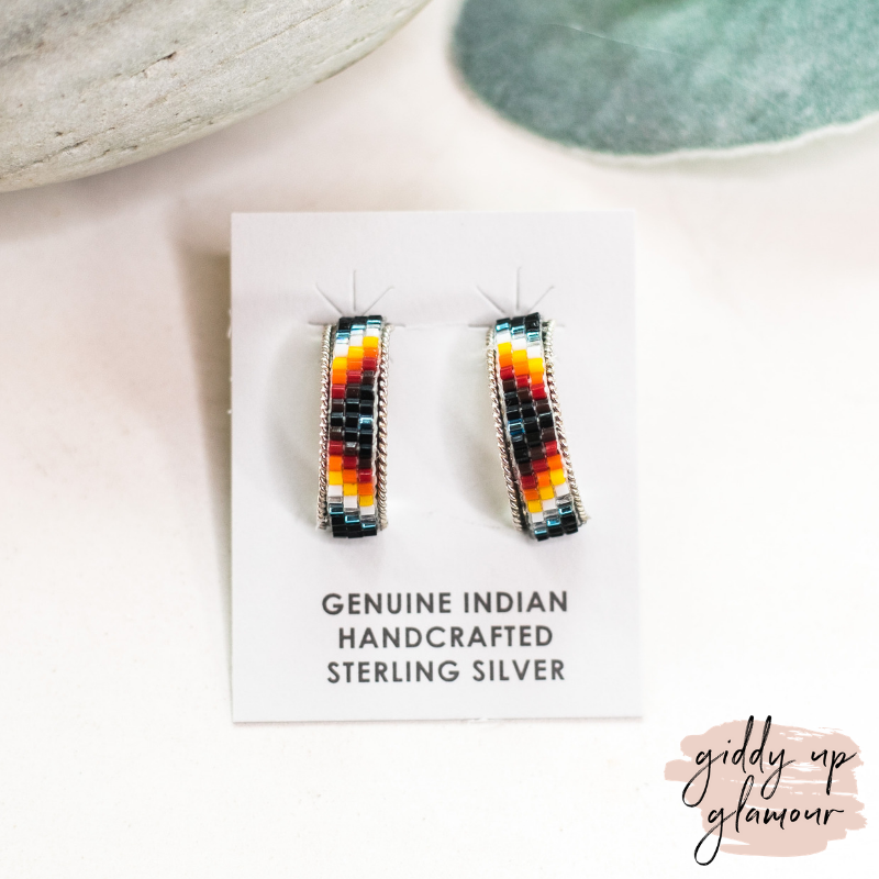 Navajo | Navajo Handmade Small Multi Colored Aztec Beaded Hoop Earrings in Black