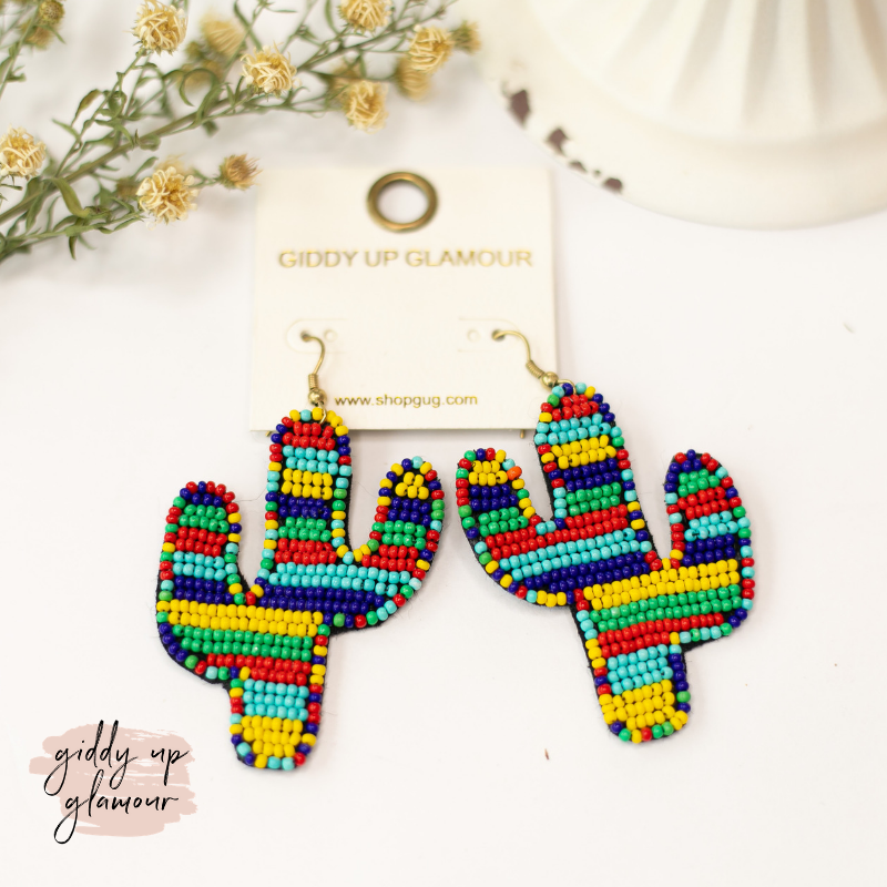 Seed Bead Cactus Statement Earrings in Primary Multi - Giddy Up Glamour Boutique