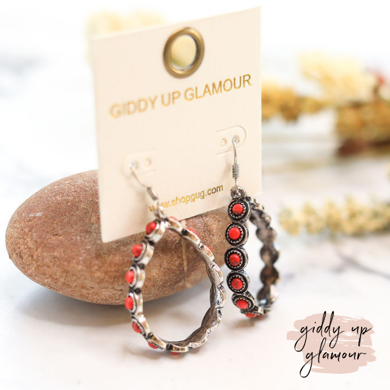 Small Teardrop Earrings with Coral Stone Outline in Silver - Giddy Up Glamour Boutique