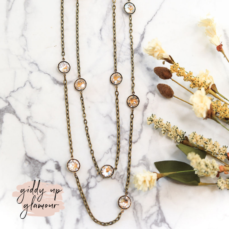 Pink Panache Long Layering Bronze Chain Necklace with Circle Clear Crystals - Giddy Up Glamour Boutique