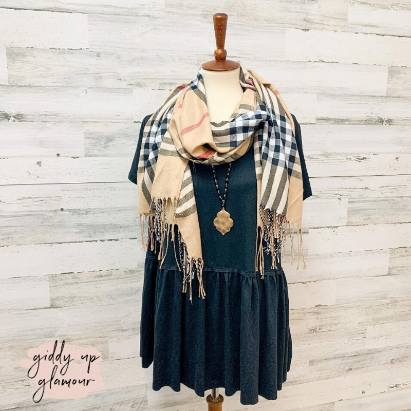 Plaid Scarf with Fringe in Taupe - Giddy Up Glamour Boutique