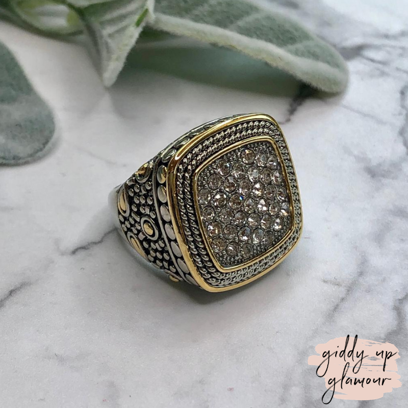 Silver Toned Wheat Textured Fashion Ring with Clear Crystals - Giddy Up Glamour Boutique