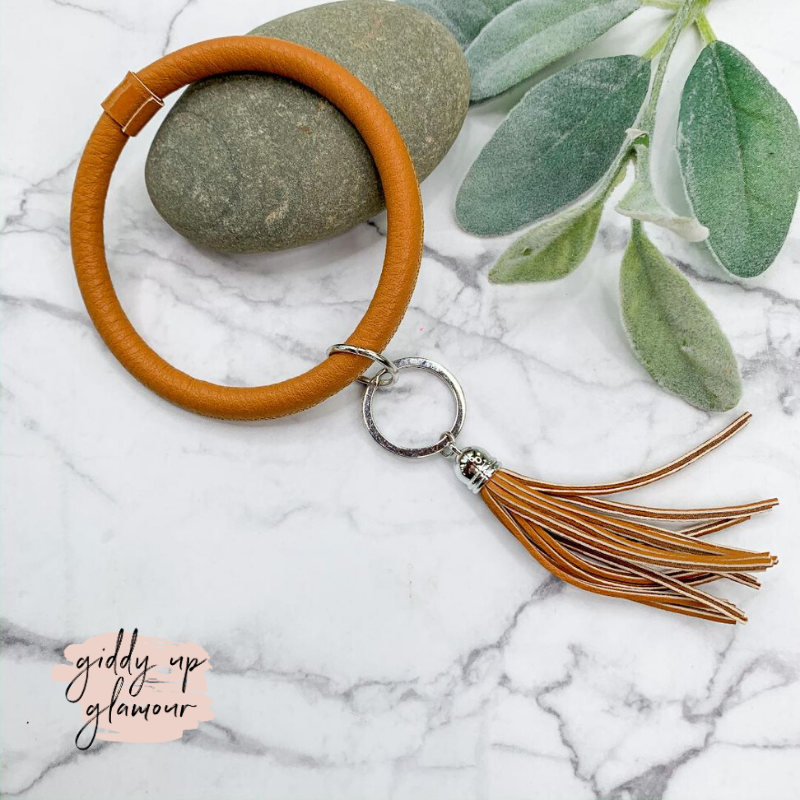 The O Leather Key Ring with Tassel Charm in Tan - Giddy Up Glamour Boutique
