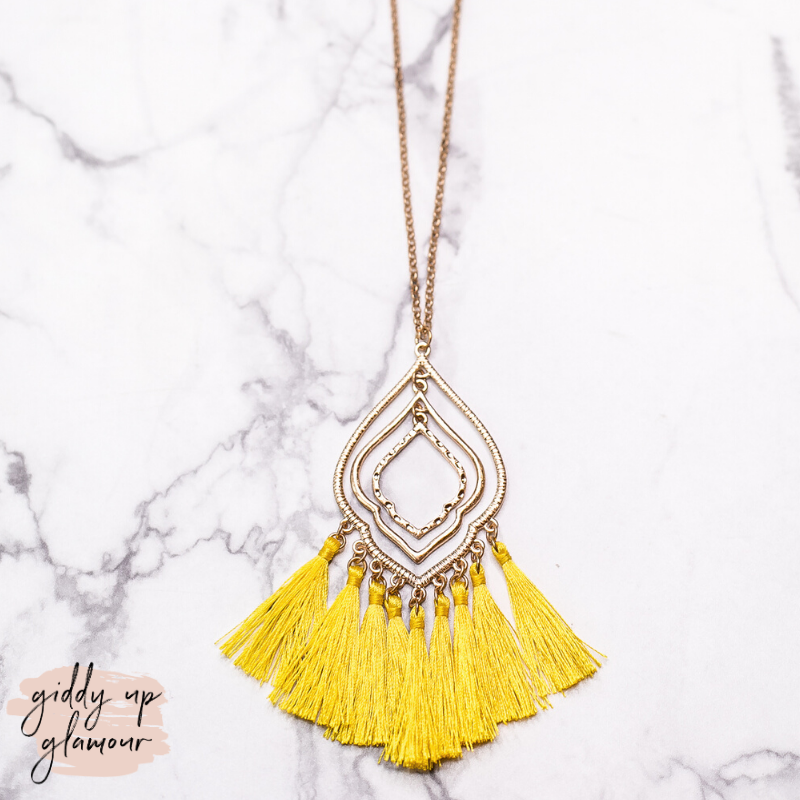 Three Layer Quatrefoil Pendant Necklace with Tassels in Mustard Yellow - Giddy Up Glamour Boutique