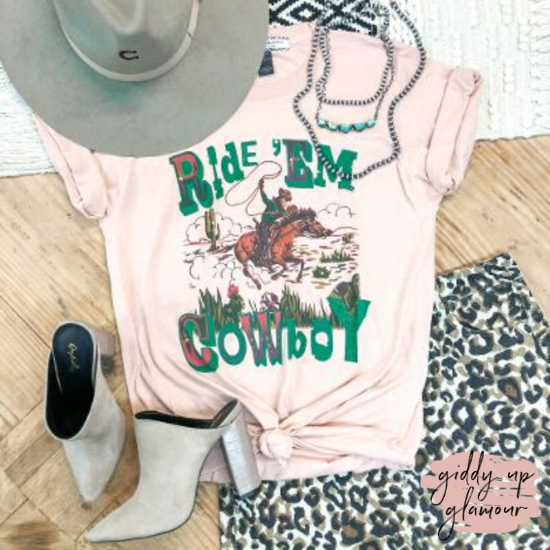Ride 'Em Cowboy Western Graphic Tee in Peach