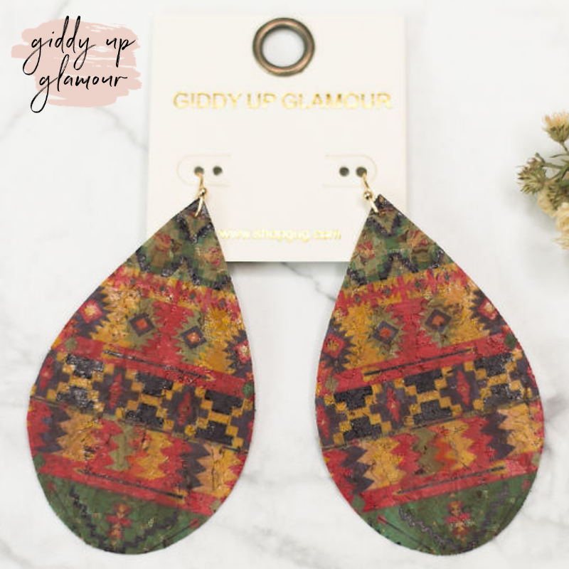 Cork Teardrop Earrings in Yellow Aztec - Giddy Up Glamour Boutique