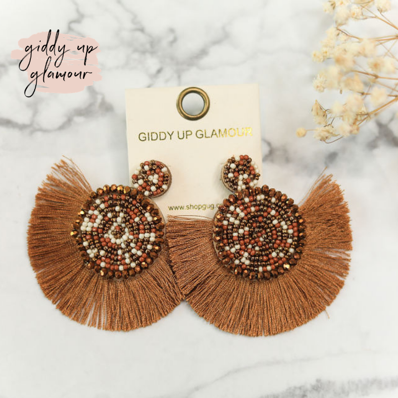 Beaded Circle Earrings with Fan Fringe Trim in Brown - Giddy Up Glamour Boutique