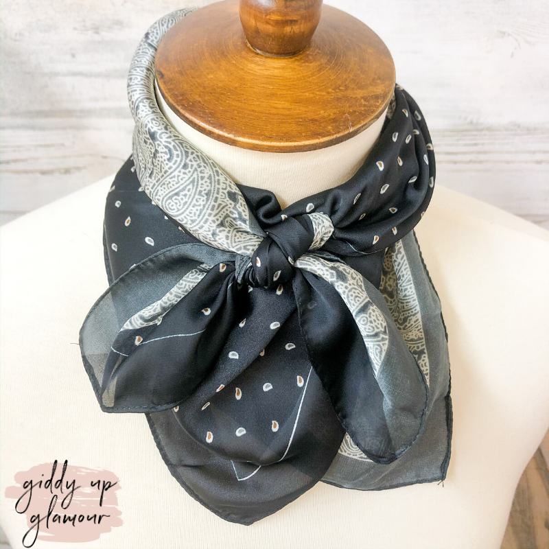 Paisley and Dot Print Silky Scarf in Black - Giddy Up Glamour Boutique