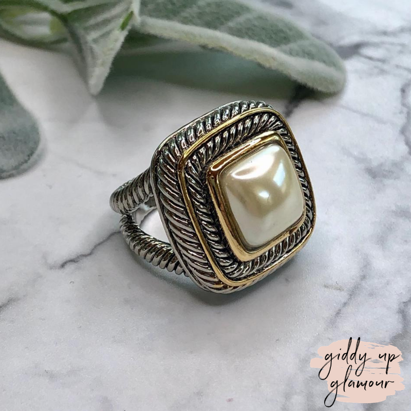Large Two Toned Ring with Cream Pearl Stone - Giddy Up Glamour Boutique