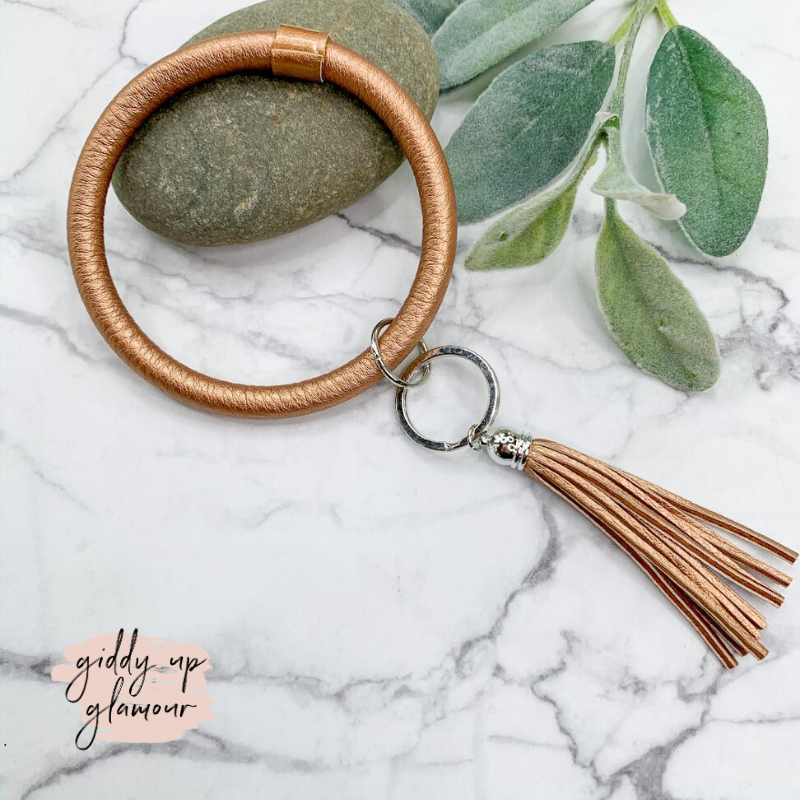 The O Leather Key Ring with Tassel Charm in Rose Gold - Giddy Up Glamour Boutique