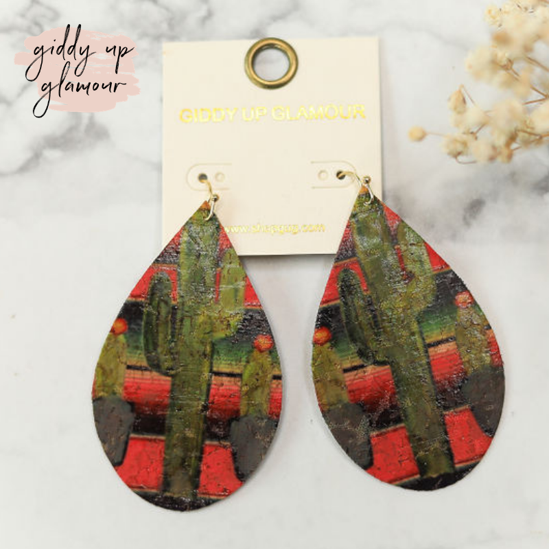 Cork Teardrop Earrings in Serape Cactus - Giddy Up Glamour Boutique