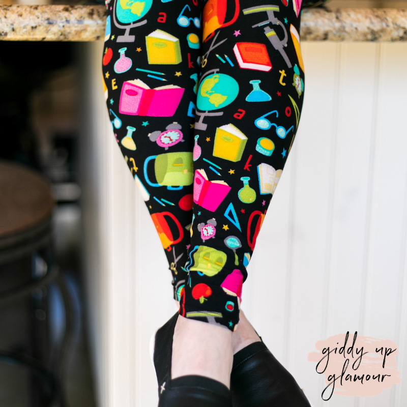 School House Cutie Print Leggings in Black - Giddy Up Glamour Boutique