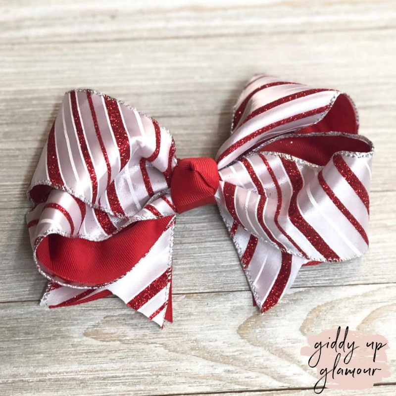 Red Glitter Candy Cane Stripe Hair Bow with Red Accents - Giddy Up Glamour Boutique