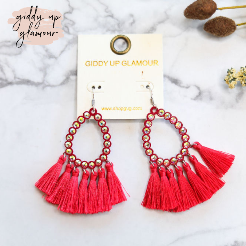 Small AB Crystal Teardrop Earrings with Tassel Trim in Fuchsia - Giddy Up Glamour Boutique
