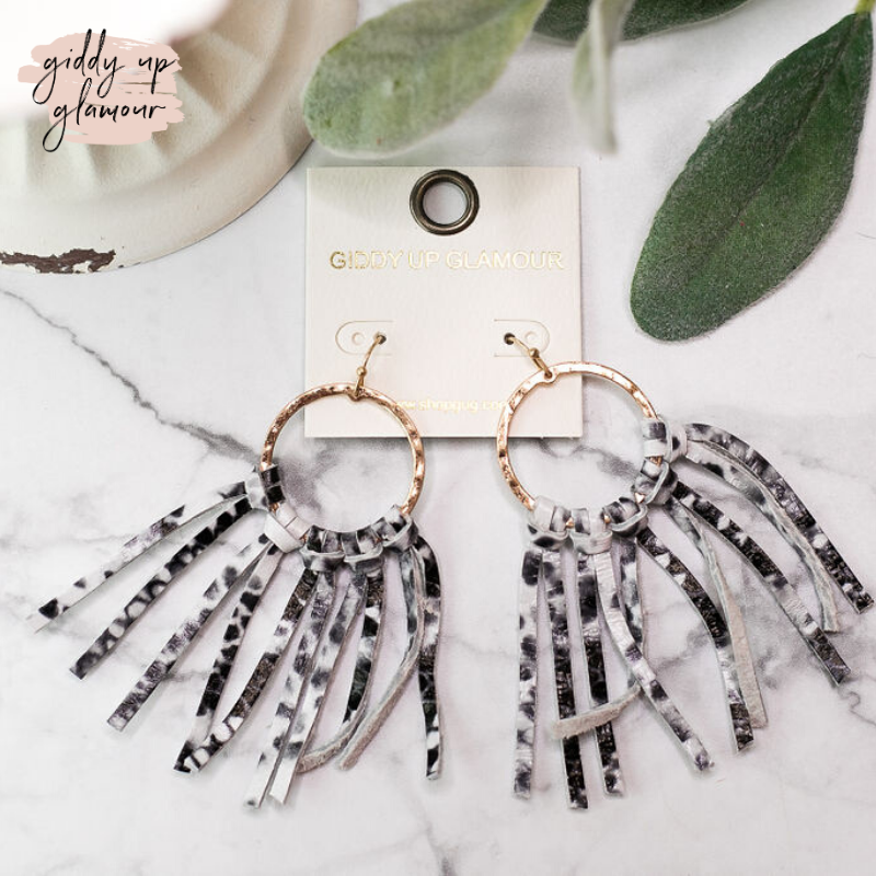 Gold Hoop Earrings with Leather Tassels in Snakeskin - Giddy Up Glamour Boutique