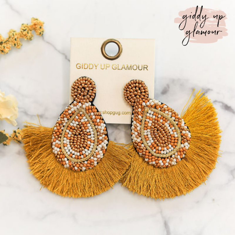 Vaycay Ready Beaded Earrings with Fringe in Mustard Yellow - Giddy Up Glamour Boutique