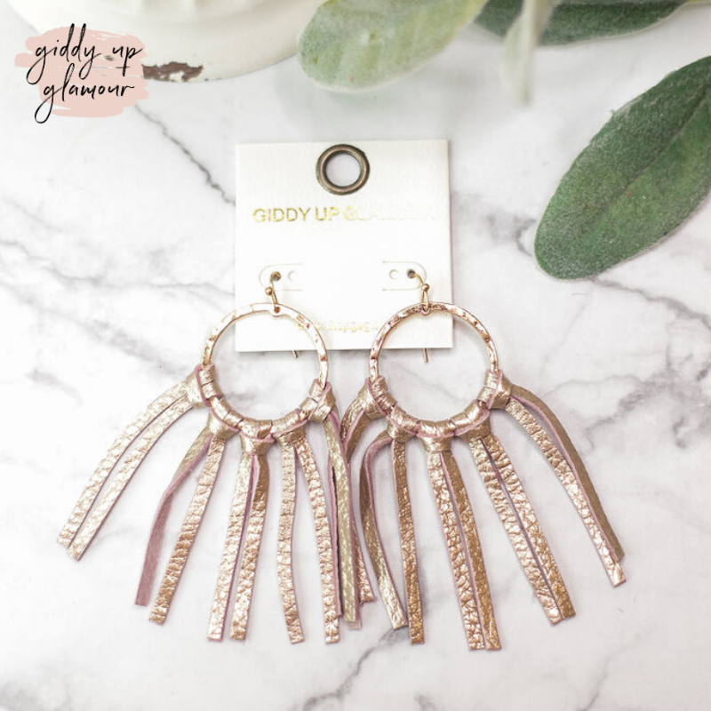 Gold Hoop Earrings with Leather Tassels in Blush Gold - Giddy Up Glamour Boutique