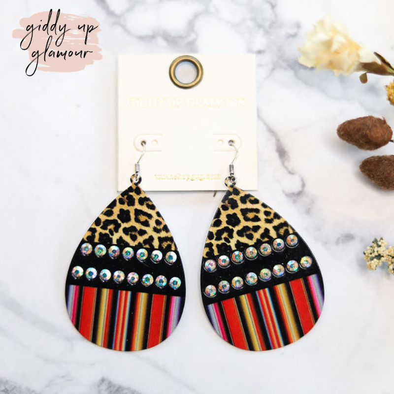 Color Block Teardrop Earrings With Leopard Print and Serape in Black - Giddy Up Glamour Boutique