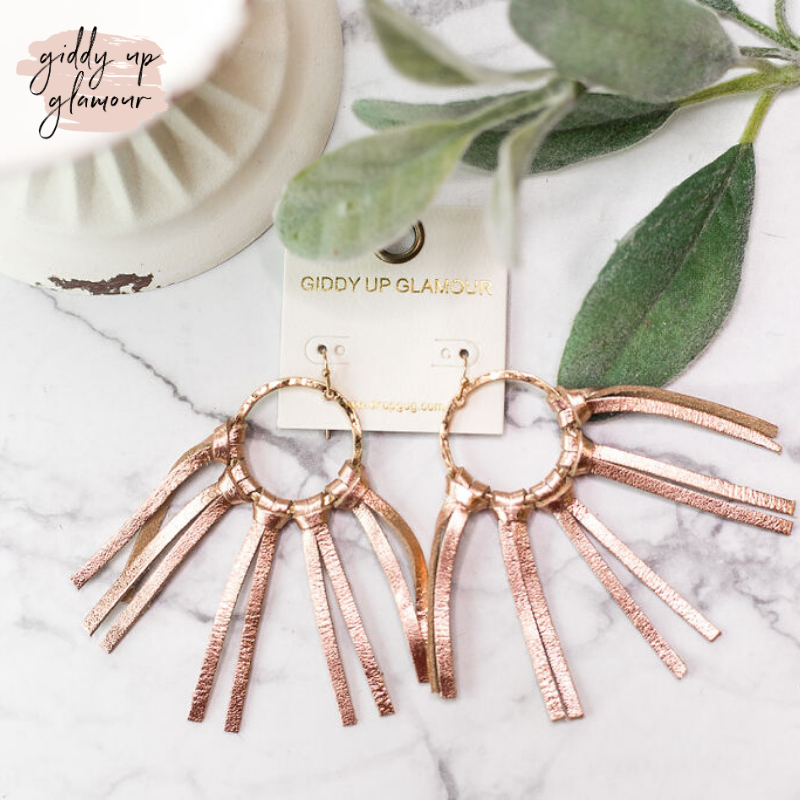Gold Hoop Earrings with Leather Tassels in Rose Gold - Giddy Up Glamour Boutique