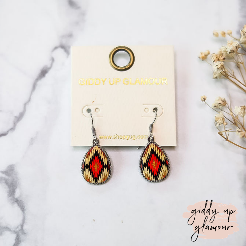 Small Teardrop Dangle Earrings in Red Aztec - Giddy Up Glamour Boutique