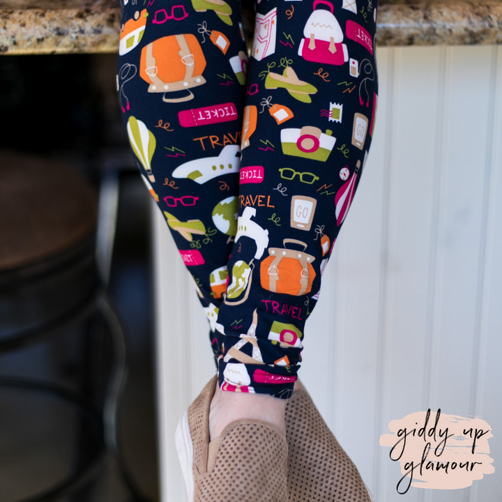 Travel The World Print Leggings in Navy Blue - Giddy Up Glamour Boutique
